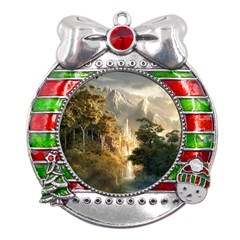 Natural Landscape Nature Vegetation Jungle Metal X mas Ribbon With Red Crystal Round Ornament