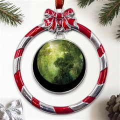 Green Beautiful Jungle Metal Red Ribbon Round Ornament