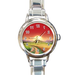 Landscape Sunset Orange Sky Pathway Art Round Italian Charm Watch by Ravend