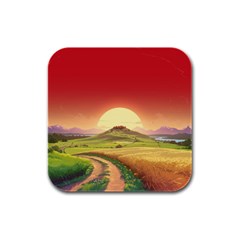 Landscape Sunset Orange Sky Pathway Art Rubber Square Coaster (4 Pack) by Ravend