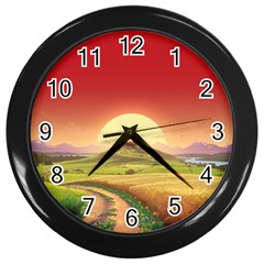 Landscape Sunset Orange Sky Pathway Art Wall Clock (black) by Ravend