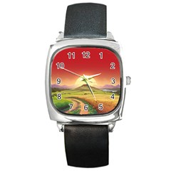 Landscape Sunset Orange Sky Pathway Art Square Metal Watch by Ravend