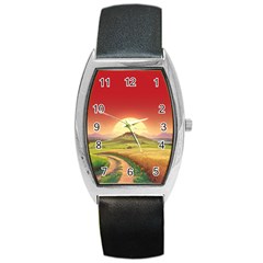 Landscape Sunset Orange Sky Pathway Art Barrel Style Metal Watch by Ravend