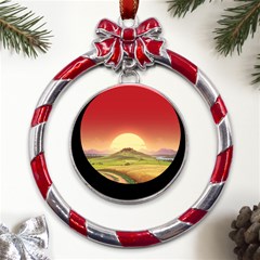 Landscape Sunset Orange Sky Pathway Art Metal Red Ribbon Round Ornament