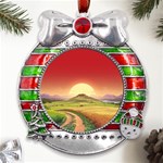 Landscape Sunset Orange Sky Pathway Art Metal X Mas Ribbon With Red Crystal Round Ornament Front