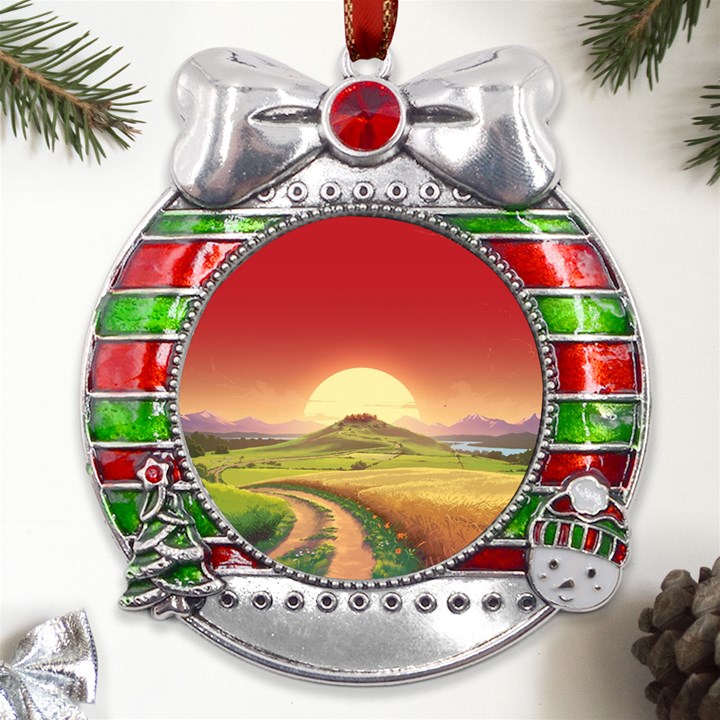 Landscape Sunset Orange Sky Pathway Art Metal X Mas Ribbon With Red Crystal Round Ornament