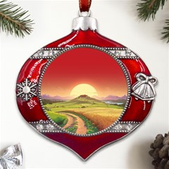 Landscape Sunset Orange Sky Pathway Art Metal Snowflake And Bell Red Ornament by Ravend