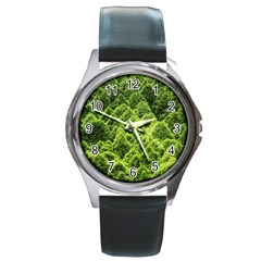 Green Pine Forest Round Metal Watch by Ravend