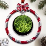 Green Pine Forest Metal Red Ribbon Round Ornament Front