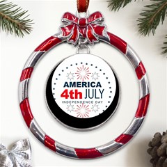 Independence Day Usa Metal Red Ribbon Round Ornament