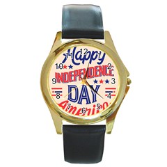 Usa Happy Independence Day Round Gold Metal Watch by Ravend