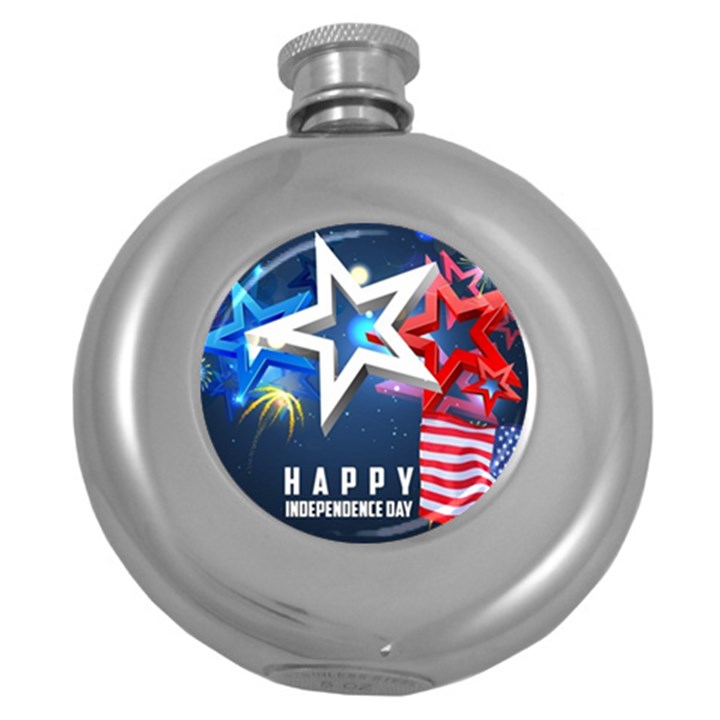 4th Of July Happy Usa Independence Day Round Hip Flask (5 oz)