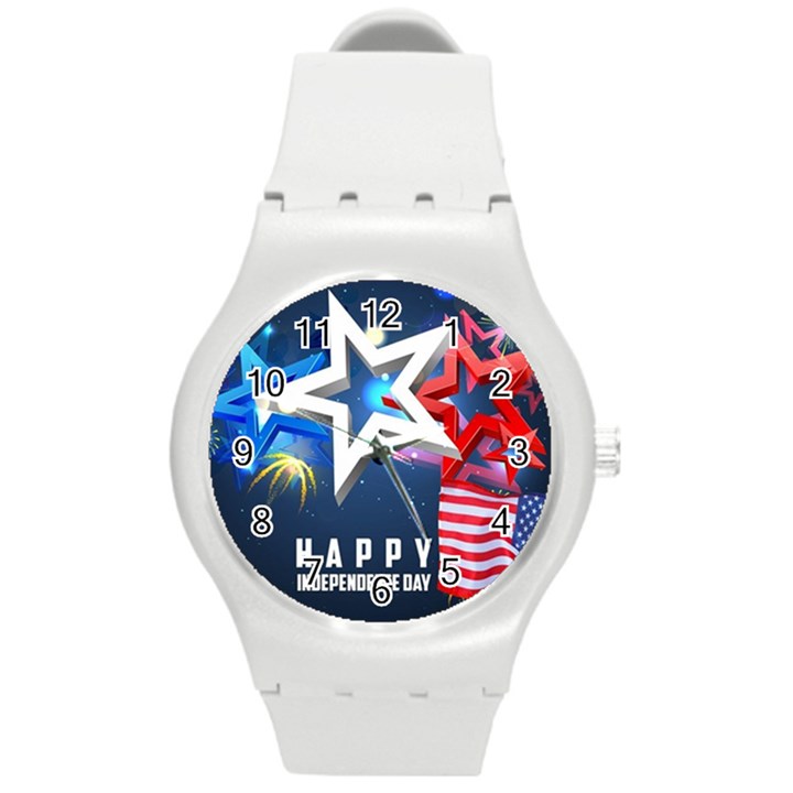 4th Of July Happy Usa Independence Day Round Plastic Sport Watch (M)