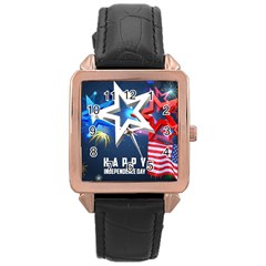 4th Of July Happy Usa Independence Day Rose Gold Leather Watch  by Ravend