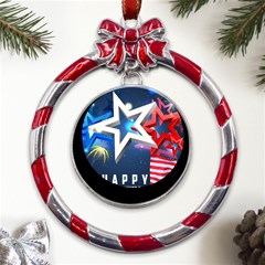 4th Of July Happy Usa Independence Day Metal Red Ribbon Round Ornament