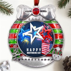 4th Of July Happy Usa Independence Day Metal X mas Ribbon With Red Crystal Round Ornament by Ravend