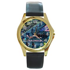 July 4th Parade Independence Day Round Gold Metal Watch by Ravend