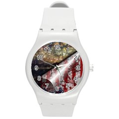 Independence Day Background Abstract Grunge American Flag Round Plastic Sport Watch (m) by Ravend