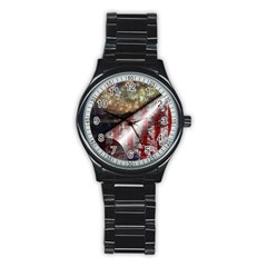 Independence Day Background Abstract Grunge American Flag Stainless Steel Round Watch by Ravend