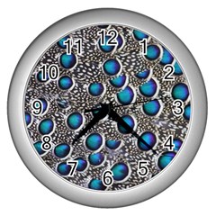 Peacock Pattern Close Up Plumage Wall Clock (silver) by Celenk