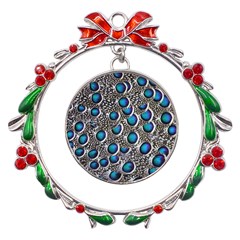 Peacock Pattern Close Up Plumage Metal X mas Wreath Ribbon Ornament by Celenk