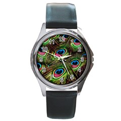 Peacock Feathers Color Plumage Round Metal Watch by Celenk