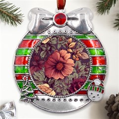 Flowers Pattern Metal X mas Ribbon With Red Crystal Round Ornament