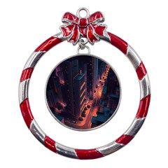 Abstract Landscape Landmark Town City Cityscape Metal Red Ribbon Round Ornament