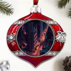 Abstract Landscape Landmark Town City Cityscape Metal Snowflake And Bell Red Ornament