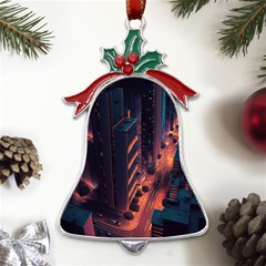 Abstract Landscape Landmark Town City Cityscape Metal Holly Leaf Bell Ornament by Vaneshop