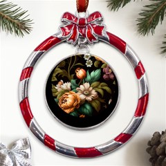 Floral Flower Blossom Bloom Flora Metal Red Ribbon Round Ornament by Vaneshop