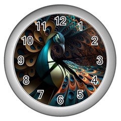 Colorful Peacock Bird Feathers Wall Clock (silver) by Vaneshop