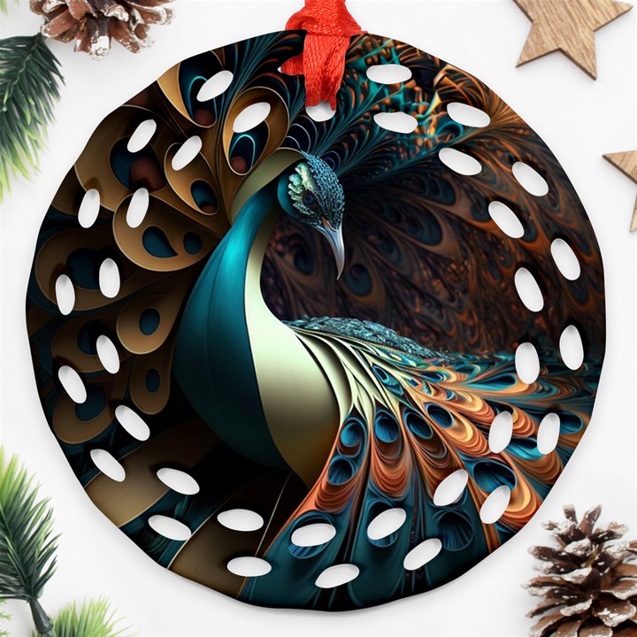 Colorful Peacock Bird Feathers Ornament (Round Filigree)