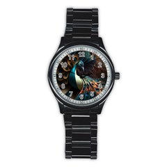 Colorful Peacock Bird Feathers Stainless Steel Round Watch by Vaneshop