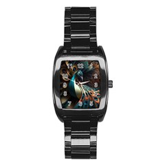 Colorful Peacock Bird Feathers Stainless Steel Barrel Watch by Vaneshop