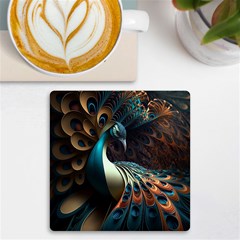 Colorful Peacock Bird Feathers Uv Print Square Tile Coaster  by Vaneshop