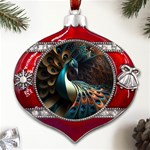 Colorful Peacock Bird Feathers Metal Snowflake And Bell Red Ornament Front