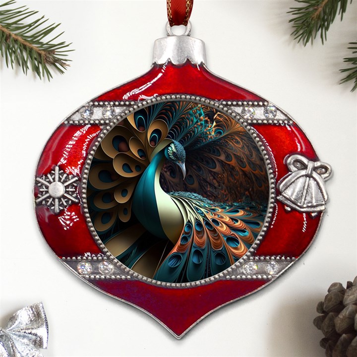 Colorful Peacock Bird Feathers Metal Snowflake And Bell Red Ornament