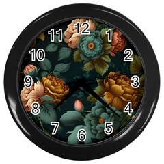 Floral Flower Blossom Turquoise Wall Clock (black)