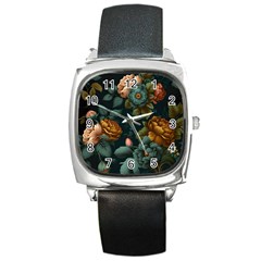 Floral Flower Blossom Turquoise Square Metal Watch by Vaneshop