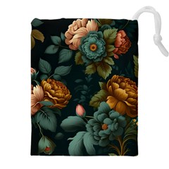 Floral Flower Blossom Turquoise Drawstring Pouch (5xl) by Vaneshop