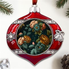 Floral Flower Blossom Turquoise Metal Snowflake And Bell Red Ornament