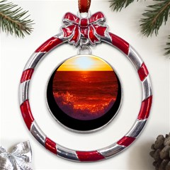 Sea Beach Sunset Sunrise Twilight Metal Red Ribbon Round Ornament by Vaneshop