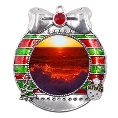 Sea Beach Sunset Sunrise Twilight Metal X mas Ribbon With Red Crystal Round Ornament