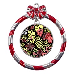 Flower Leaves Floral Flora Nature Metal Red Ribbon Round Ornament