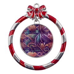 Abstract African Art Pattern Metal Red Ribbon Round Ornament