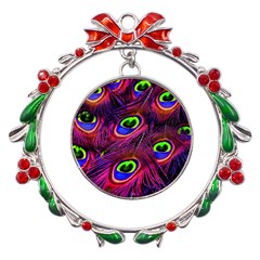 Peacock Feathers Color Plumage Metal X mas Wreath Ribbon Ornament by Celenk