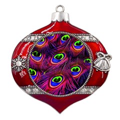 Peacock Feathers Color Plumage Metal Snowflake And Bell Red Ornament by Celenk