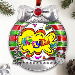 Happy Happiness Child Smile Joy Metal X mas Ribbon With Red Crystal Round Ornament