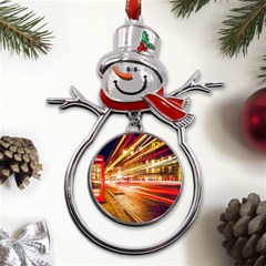 Telephone Box London Night Metal Snowman Ornament